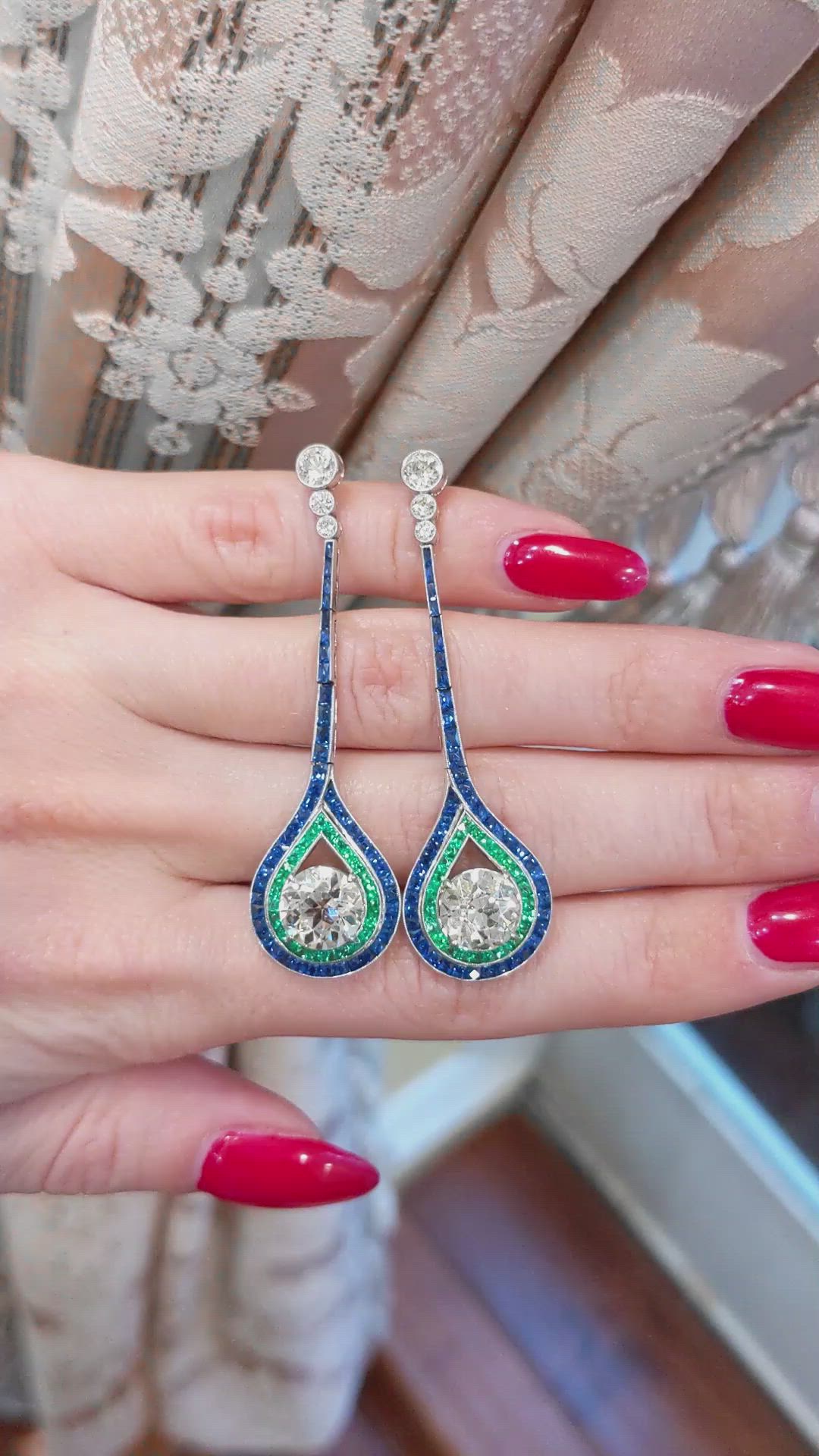 4.38 Ct.Tw. Natural Diamond, Blue Sapphire and Emerald Accent Stones Earrings, Platinum 950 Size Video
