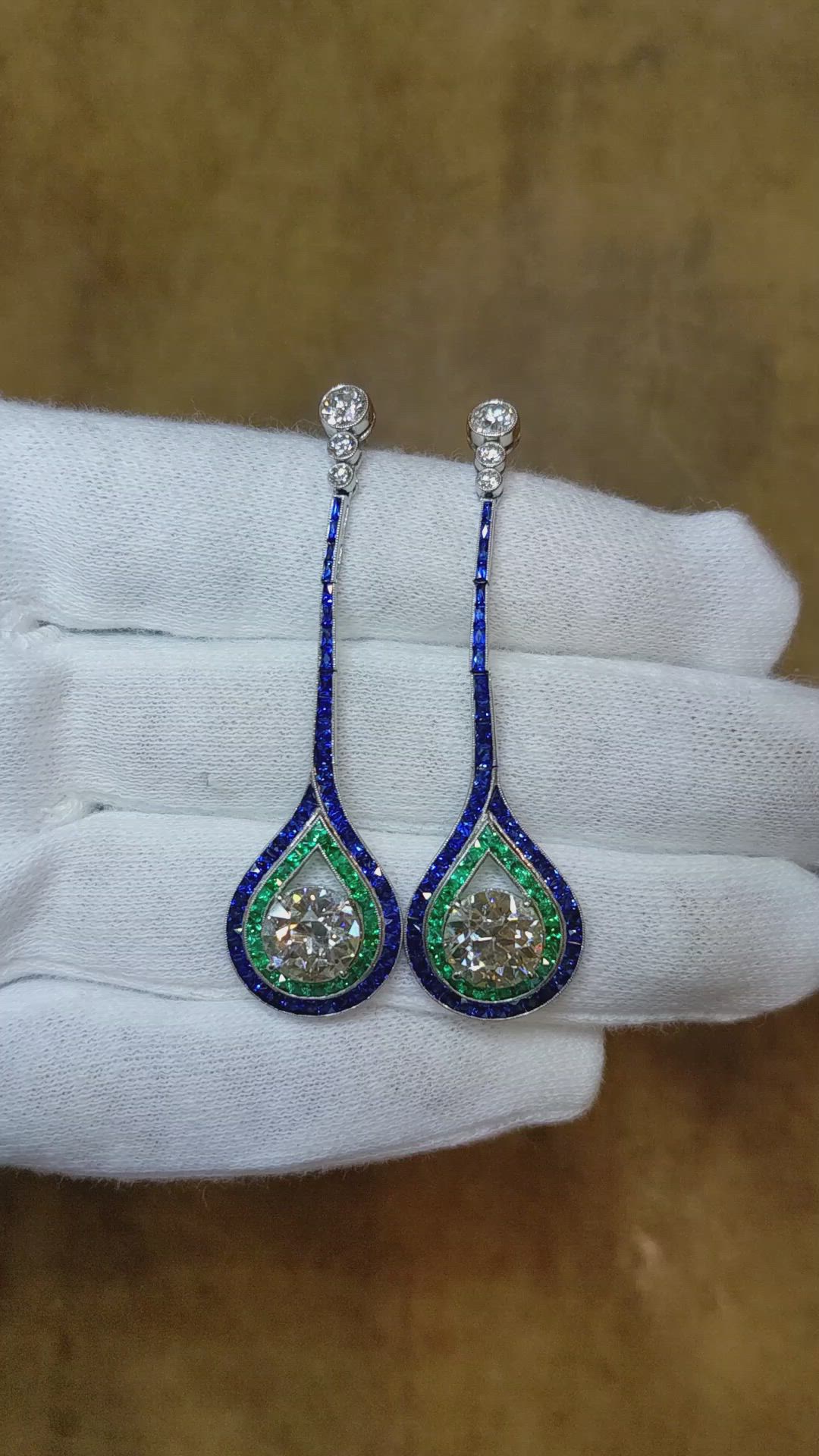 4.38 Ct.Tw. Natural Diamond, Blue Sapphire and Emerald Accent Stones Earrings, Platinum 950 Size Video